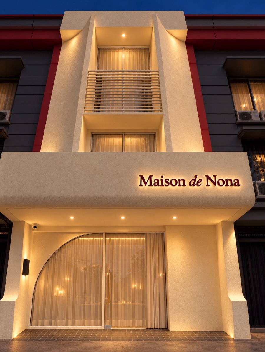 Tampak depan bangunan pada waktu senja, dengan papan nama Maison de Nona yang menyala di atas pintu kaca melengkung.